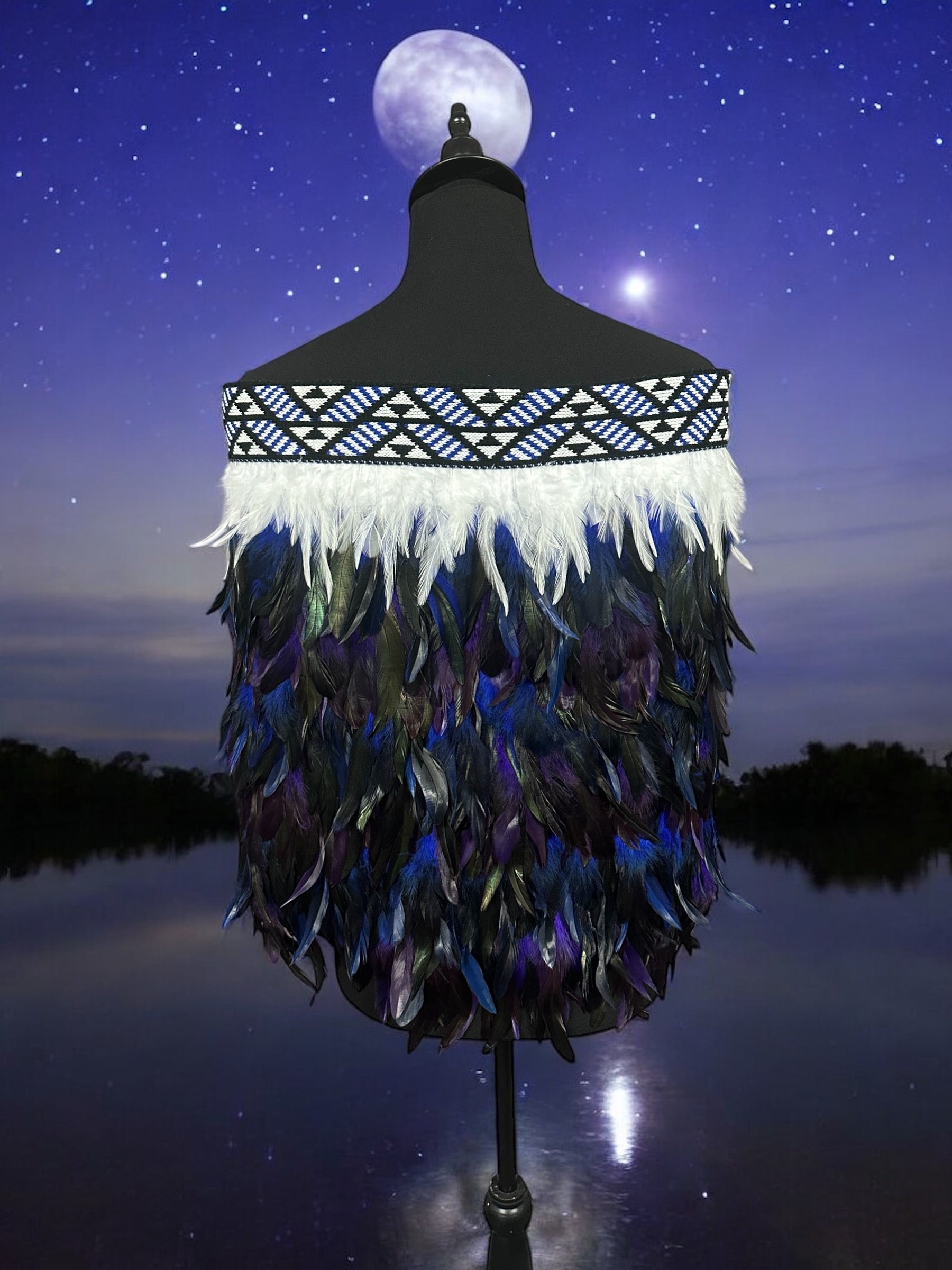 Adult Medium Half Pre Made Korowai - Hunter Purple & Blue, Blue Aramoana Taniko-Contemporary Korowai Designs